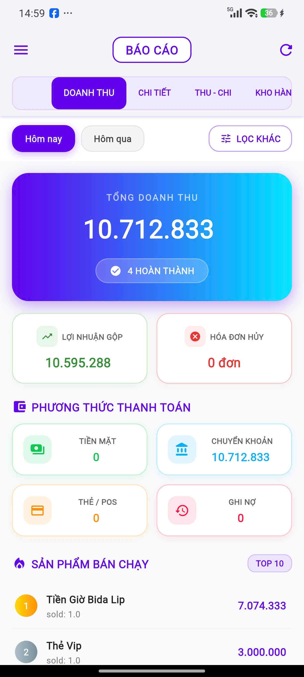 Giao diện Báo Cáo Doanh Thu CANPOS Mobile